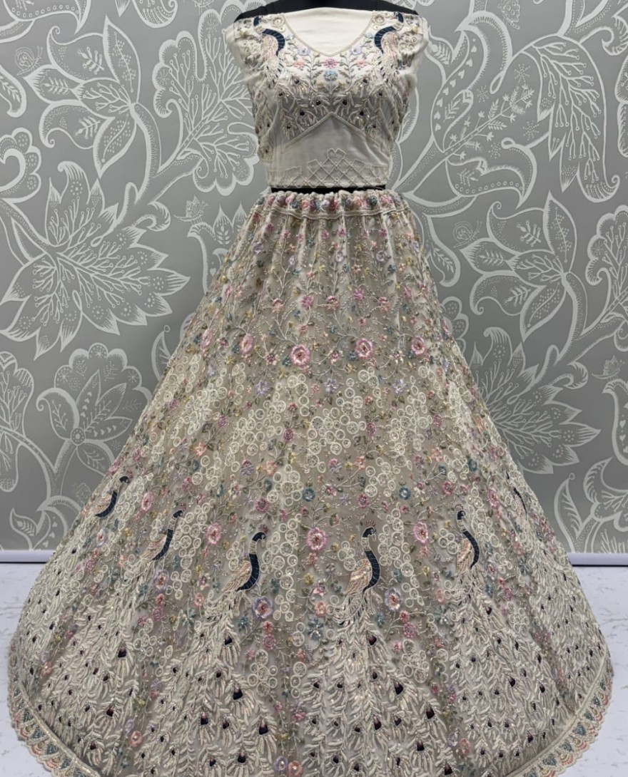 white - Stunning Peacock White Embroidered Crafted Partywear Lehenga Choli with dupatta and blouse 